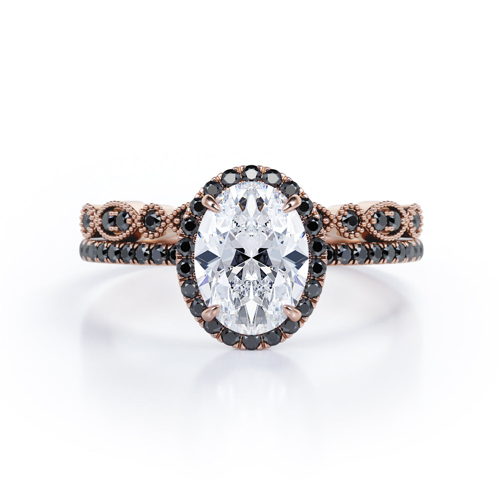 1.65 TCW Oval Cut Moissanite with Lab Created Black Diamond - Milgrain Filigree - Scalloped Pave Bridal Ring Set in White Gold