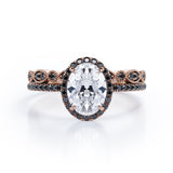 1.65 TCW Oval Cut Moissanite with Lab Created Black Diamond - Milgrain Filigree - Scalloped Pave Bridal Ring Set in White Gold