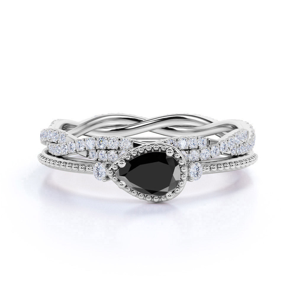 Affordable Antique Artdeco 1.60 Carat Pear Lab Black Diamond Halo Wedding Ring Set in Rose Gold