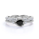 Affordable Antique Artdeco 1.60 Carat Pear Lab Black Diamond Halo Wedding Ring Set in Rose Gold