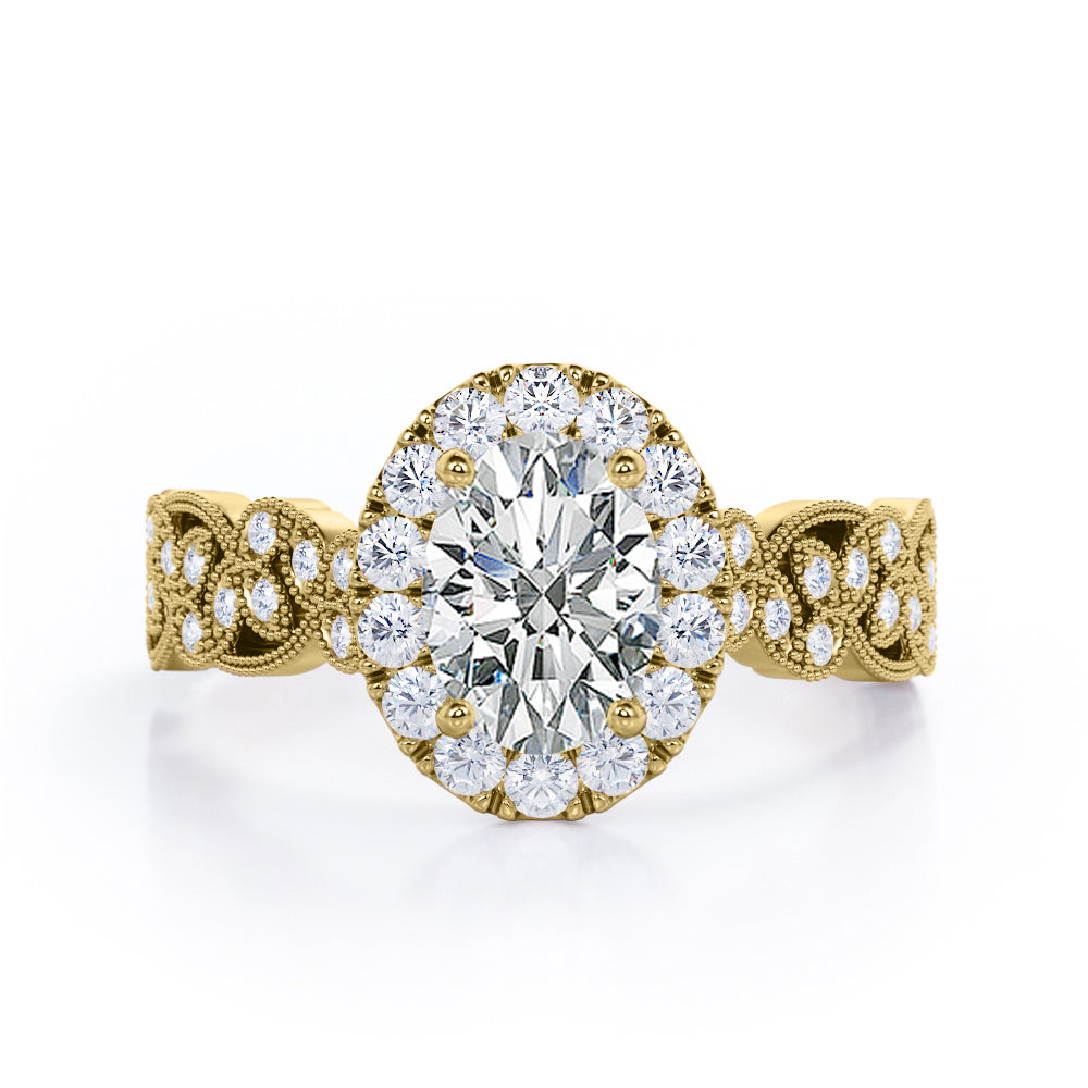 Milgrain Leaf 0.9 carat Oval Moissanite and Diamonds Nature-Inspired Engagement Ring in White Gold