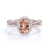 Antique 1.75 Carat oval cut Morganite and Diamond Bridal Wedding Ring Set in Rose Gold
