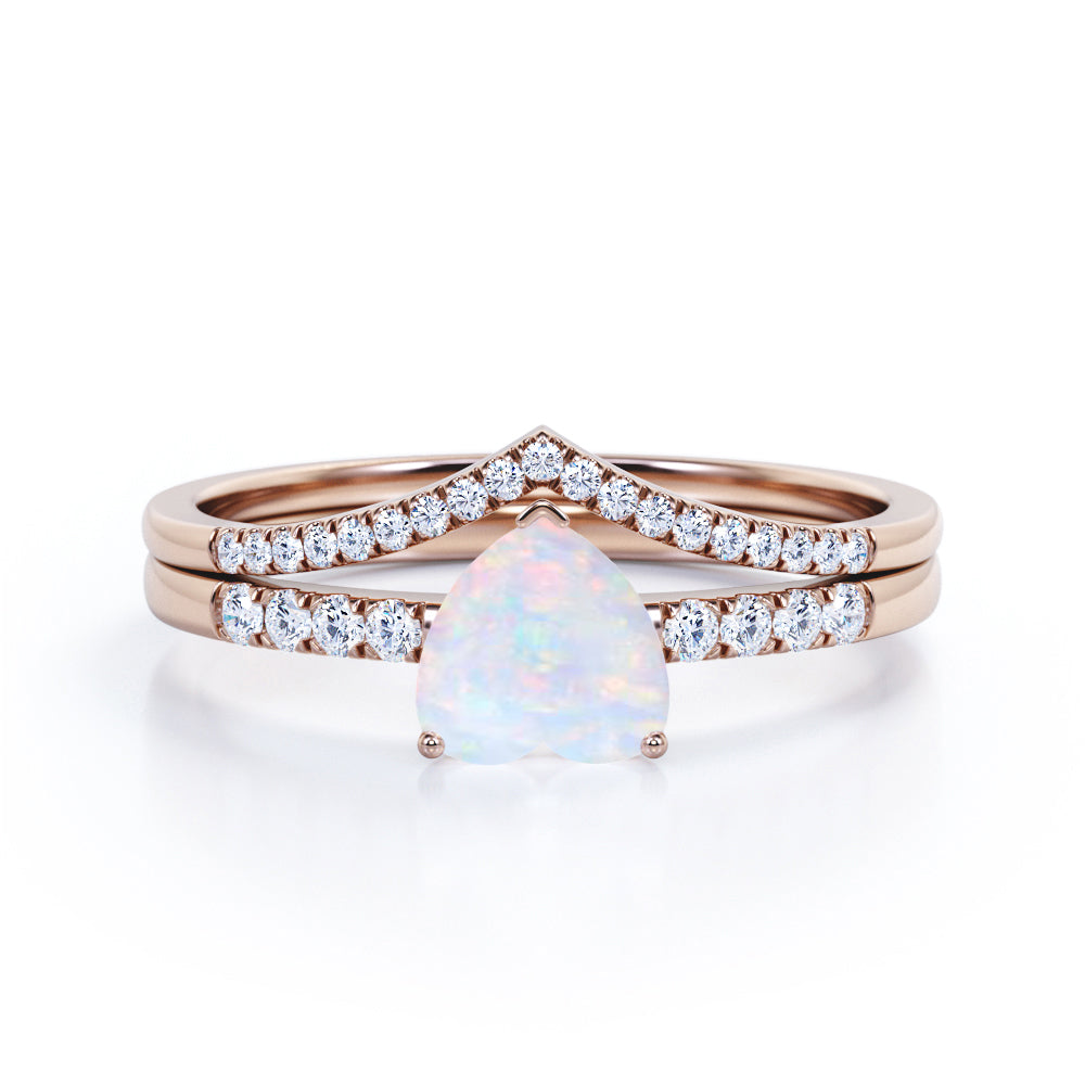 Pave Set 1.35 Carat Heart Shaped Precious Fire Opal And Diamond V Style Wedding Ring Set In White Gold