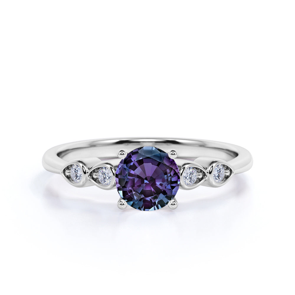 Minimal Prong Basket 1.15 Carat Round Cut Simulated Alexandrite and Diamond 5 Stone Engagement Ring