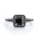 Double Halo Design - 1.45 TCW Princess Cut Lab Created Black Diamond - Engagement Ring with Pave Accents in White Gold