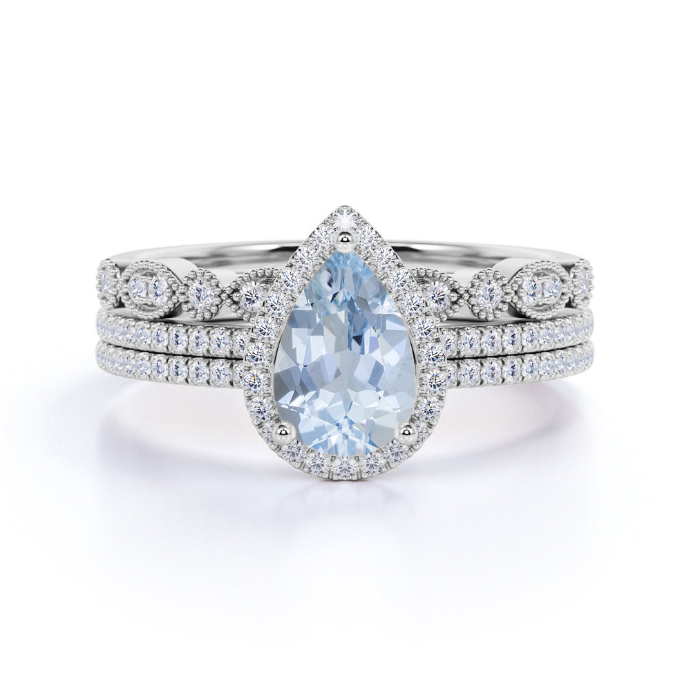 Affordable 2 Carat Pear cut Aquamarine and Diamond Antique Wedding Trio Ring Set in Rose Gold