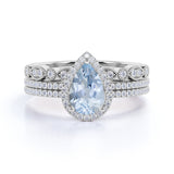 Affordable 2 Carat Pear cut Aquamarine and Diamond Antique Wedding Trio Ring Set in Rose Gold