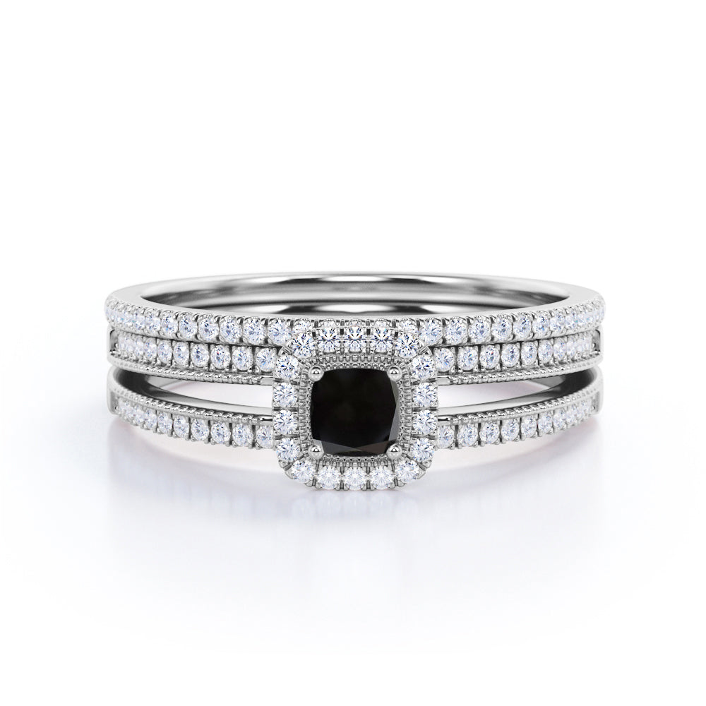 Unique 1.50 Carat Lab Black Diamond Halo Wedding Ring Set for Her in Rose Gold