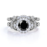 Artdeco 1.35 Carat Round cut Lab Black Diamond Wedding Bridal Ring Set in White Gold