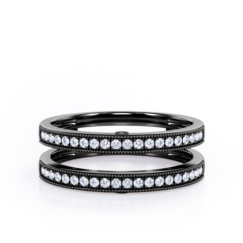 Milgrain Decorated Dual Band - 0.3 TCW Round Cut Diamond - Scalloped Pave Channel Wedding Band - 10K White Gold