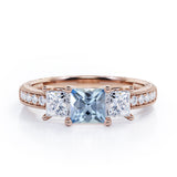 Trilogy 1.25 Carat Princess Cut Aquamarine And Diamond Three Stone Vintage Milgrain Engagement Ring In Rose Gold