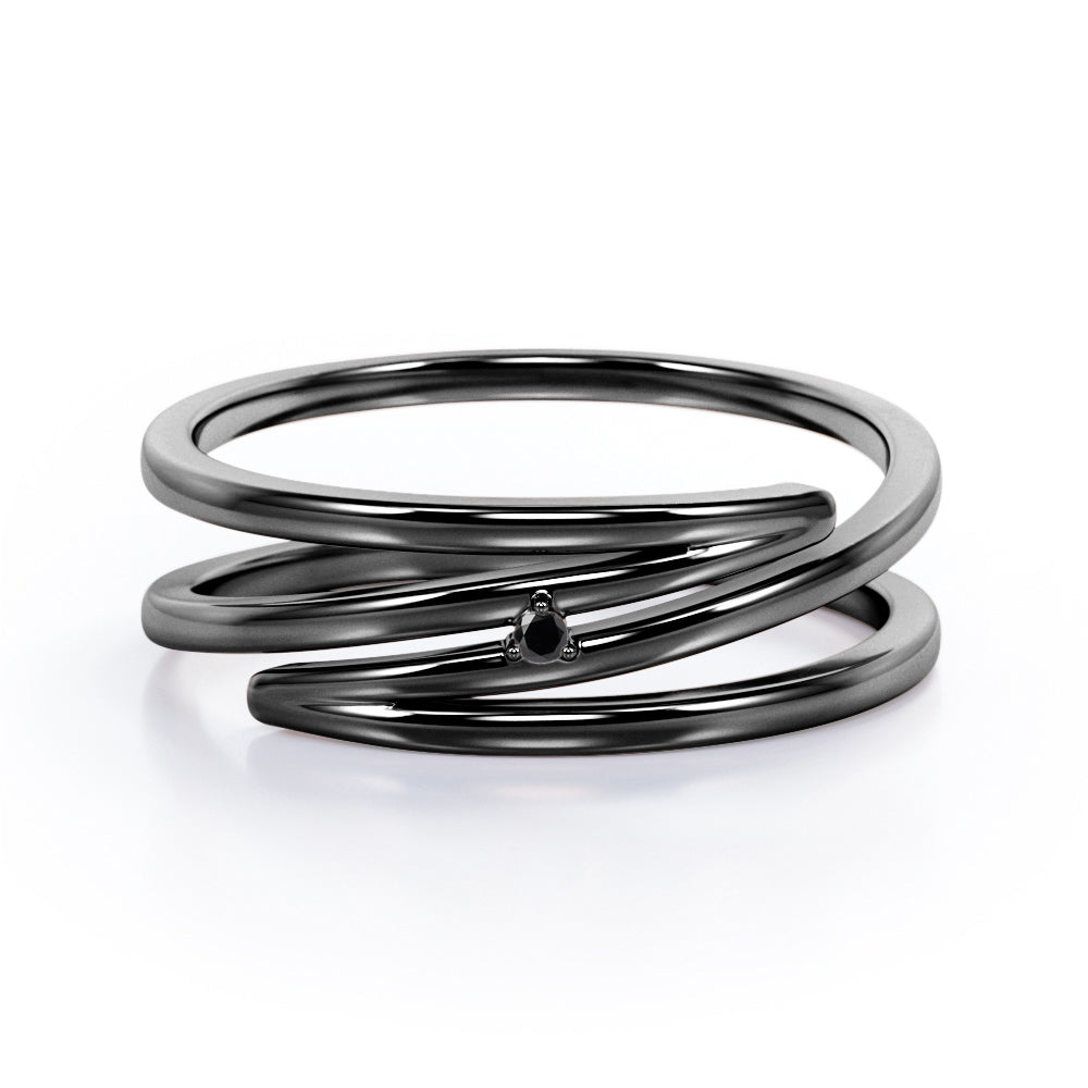 Solitaire Three Prong Dainty 0.05 Carat Round Cut Black Diamond Spiral Stackable Ring In White Gold