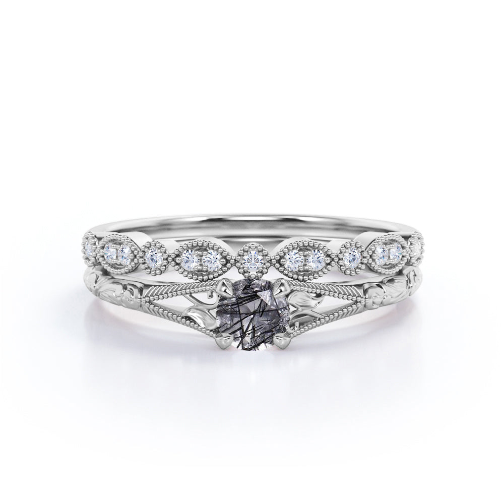Antique Intricate Leaf Design 1.50 Carat Round Solid Dendritic Black Rutilated Quartz and Diamond Filigree Art Deco Band Wedding Ring Sets - Bridal Set Rings