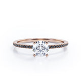 Perfect 4-Prong 1 TCW Round-Shaped Moissanite with Lab Created Black Diamond Pave-Accented Engagement Ring in Rose Gold