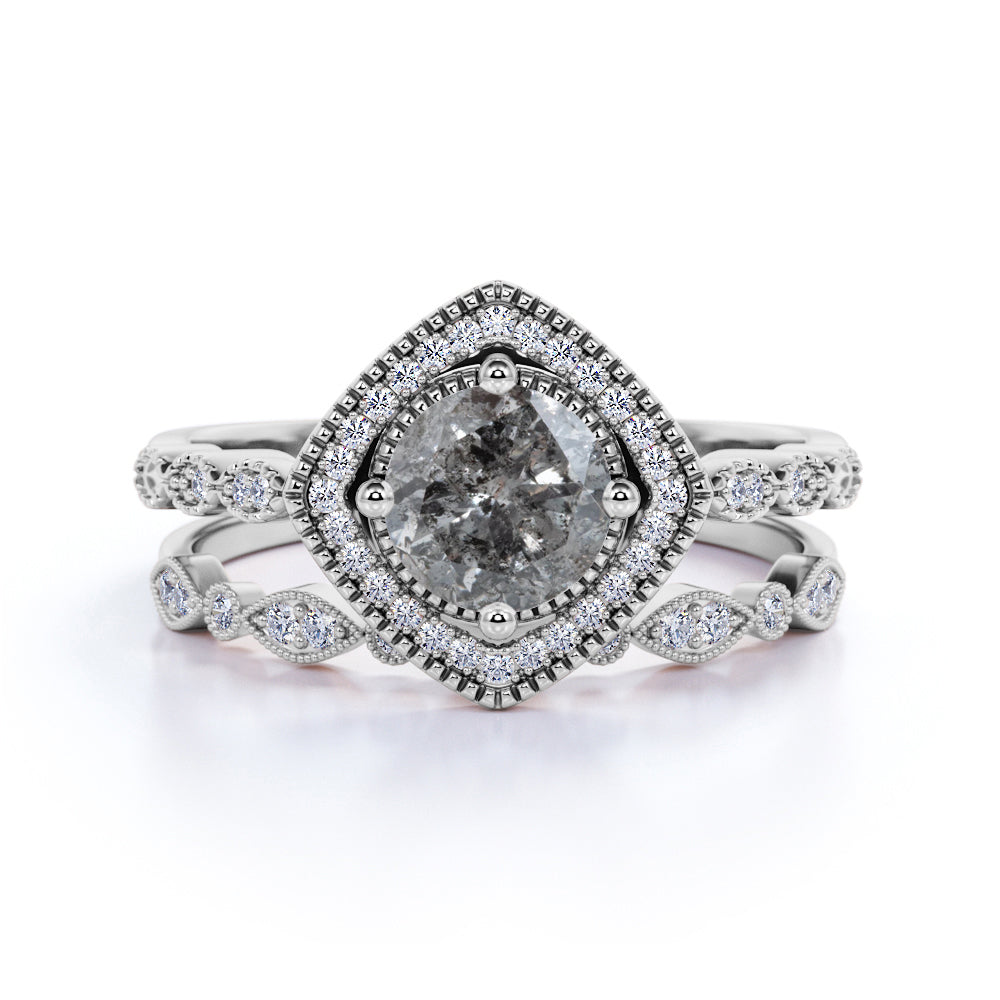 Art Deco Halo 0.8 Ct Round Cut Salt and Pepper Diamond Bridal Set