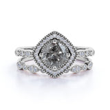 Art Deco Halo 0.8 Ct Round Cut Salt and Pepper Diamond Bridal Set