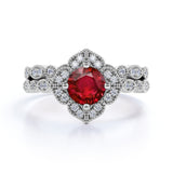 Antique Flower Cluster 2 Carat Round Cut Lab Ruby and Diamond Halo Wedding Set with Art Deco Band in White Gold