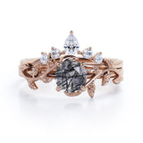 Nature Inspired 1.15 Carat Round Cut Solid Black Rutile Clear Crystal Quartz Leaf Style Five Stone Wedding Ring Set In White Gold