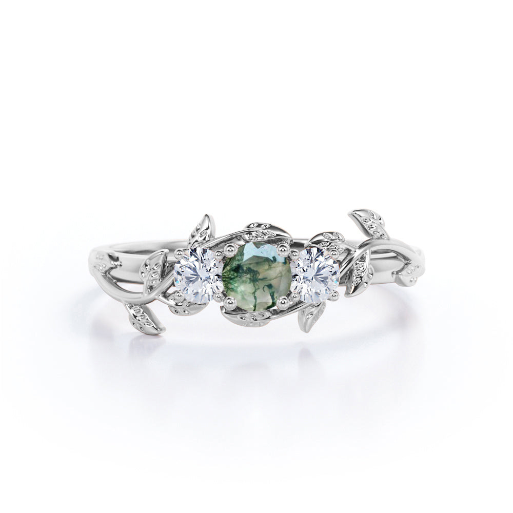 Leaf and Vine 3 stones Engagement Ring For Her - 0.8 carat Round Moss Agate and Moissanite Promise Ring in White Gold