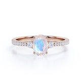 1.50 Carat Oval Moonstone Halo Engagement Ring in Rose Gold - Rainbow Moonstone Ring