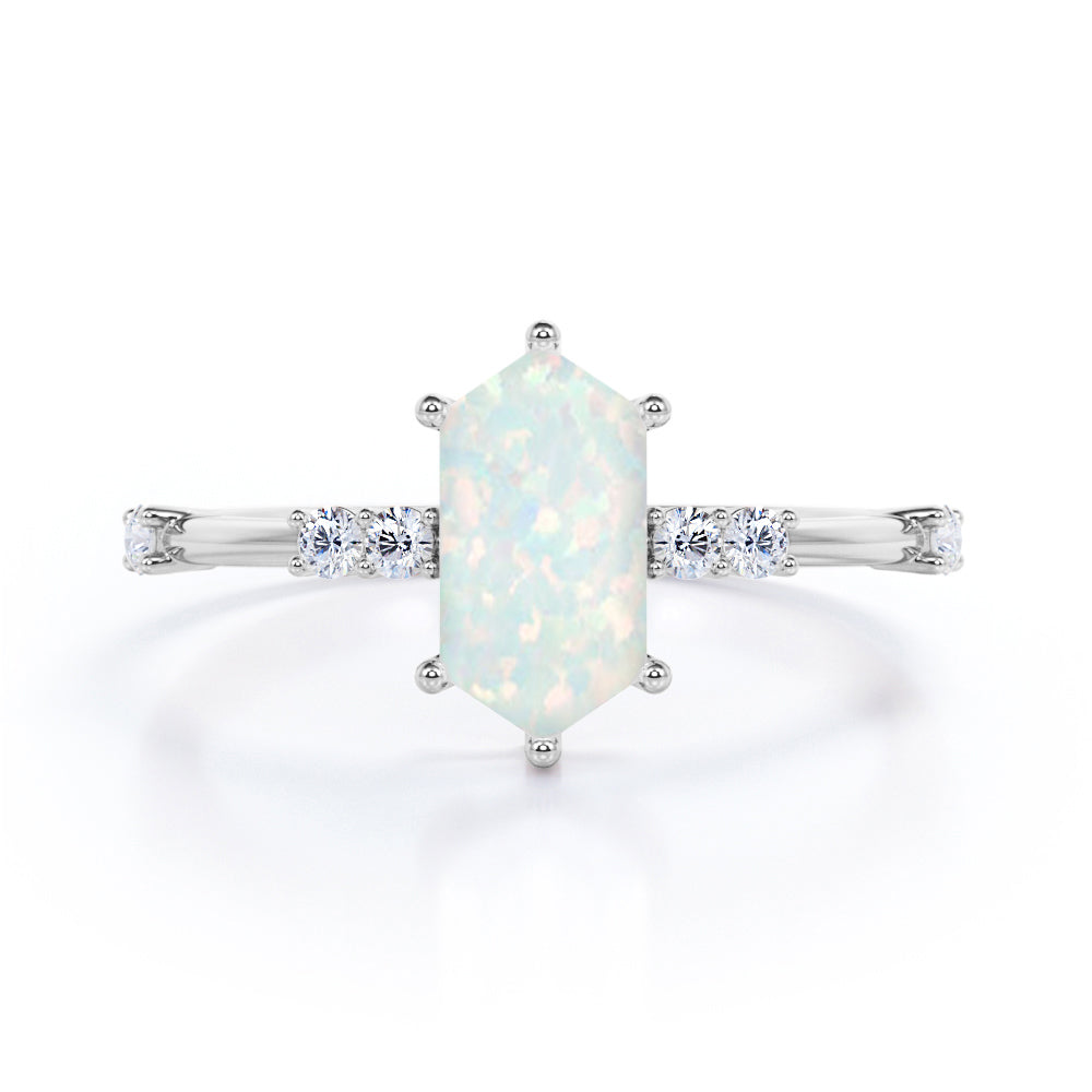 Asymmetric Six Prong 1.10 Carat Hexagon Cut Fiery Opal And Diamond Seven Stone Engagement Ring In Rose Gold