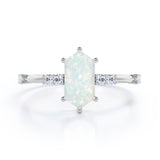 Asymmetric Six Prong 1.10 Carat Hexagon Cut Fiery Opal And Diamond Seven Stone Engagement Ring In Rose Gold