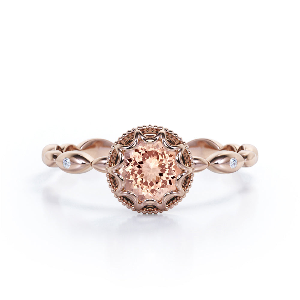 Vintage Scalloped 0.5 carat Round Morganite and Moissanite Beaded Band in Rose Gold