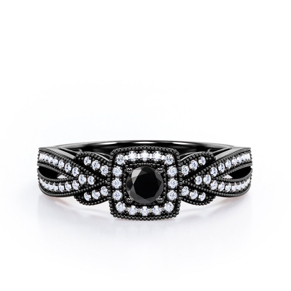 Extravaganza Milgrain Bordered - 1.45 Carat Round Brilliant Cut Black Diamond - Halo Pave Channel Engagement Ring in White Gold