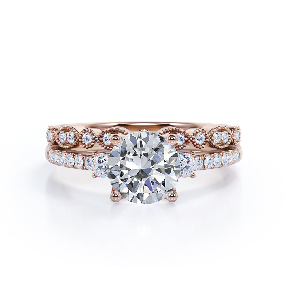 Pave 1.5 Carat Round Cut Moissanite Wedding Ring Set