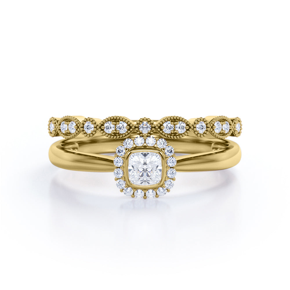 Art Deco Milgrain Filigree 0.5 TCW Princess Cut Diamond Halo Bezel Bridal Set in 10K White Gold