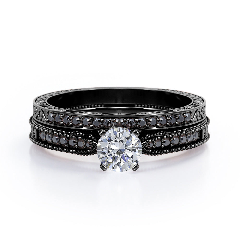 Milgrain-Edged 1.5 TCW Round-Shaped Moissanite with Lab Created Black Diamond Art Deco Victorian Design Wedding Set in Rose Gold