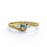 Bypass Three Stone 1.75 Carat Round Cut Milky White Scenic Moss Green Agate and Diamond Channel Set Engagement Ring for Women