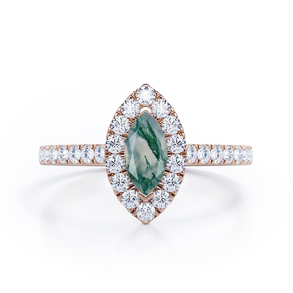 Classic Marquise 1 carat Marquise Moss Green Agate and Diamonds Engagement Ring in White Gold