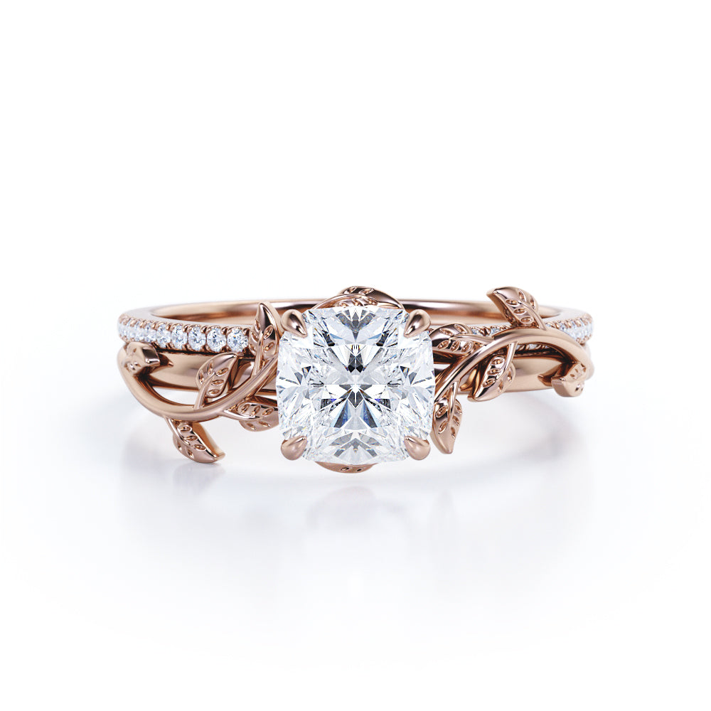 1.25 Carat Cushion Cut Moissanite And Diamond Nature Inspired Wedding Ring Set In White Gold