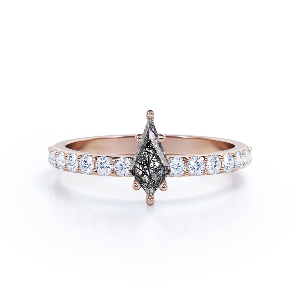 Geometric 1.25 carat Kite Shaped Black Rutilated Quartz And Diamond Six Prong Half Eternity Engagement Ring In White Gold