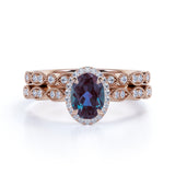 Vintage Hidden Halo 1.75 Carat Oval Cut Lab Alexandrite and Diamond Art Deco Bridal Set Rings