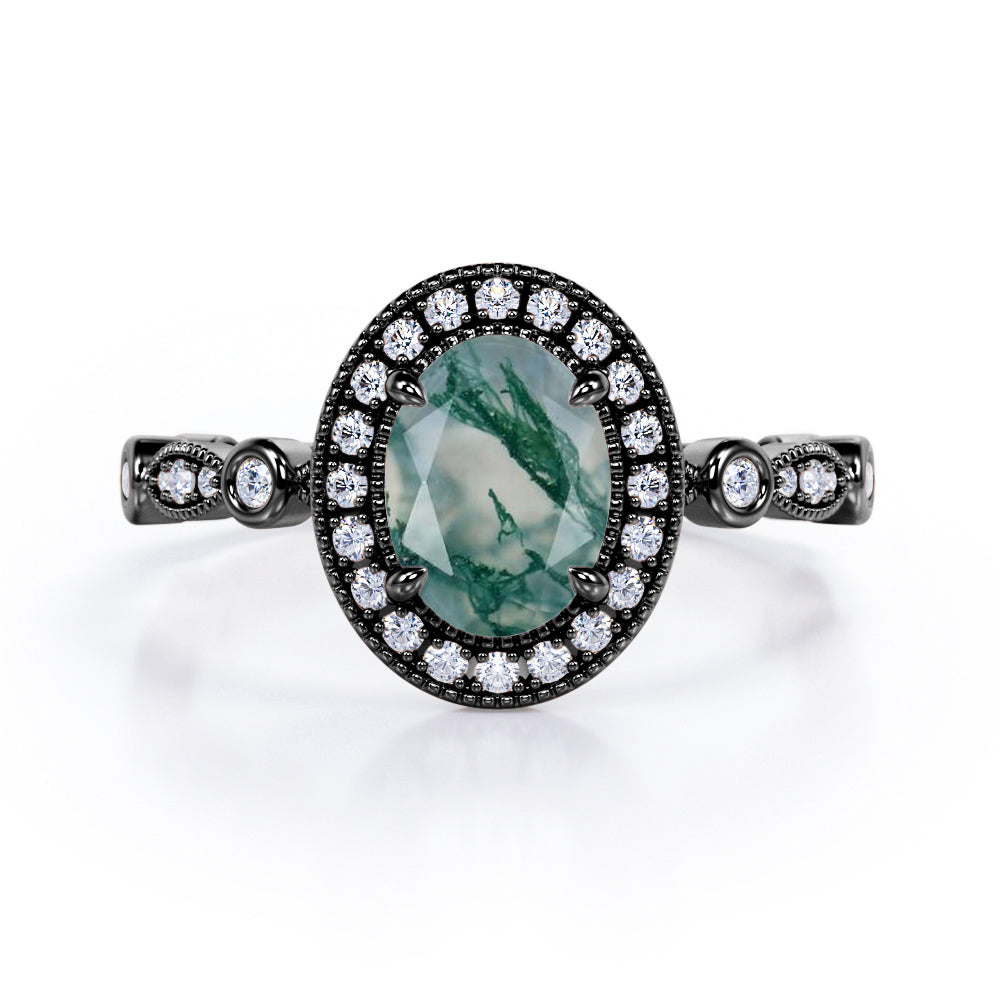 Vintage Halo 1.35 Carat Oval Cut Green Moss Agate And Diamond Art Deco Engagement Ring In Rose Gold