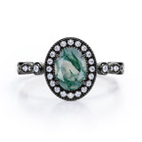 Vintage Halo 1.35 Carat Oval Cut Green Moss Agate And Diamond Art Deco Engagement Ring In Rose Gold