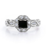 Twisted Beaded 1.15 Carat Princess Cut Black Diamond Infinity Style Engagement Ring In White Gold