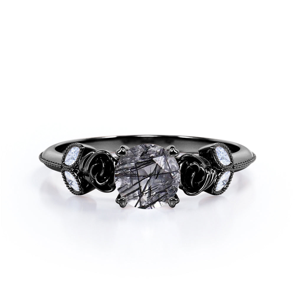 Beaded Flower 1.25 ct Round Black Rutilated Quartz Engagement Ring