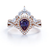 Unique Halo Crown 2 Carat Pear Shaped Lab Created Alexandrite and Diamond Pave Art Deco Wedding Ring Sets - Bridal Set Rings in Rose Gold for Her