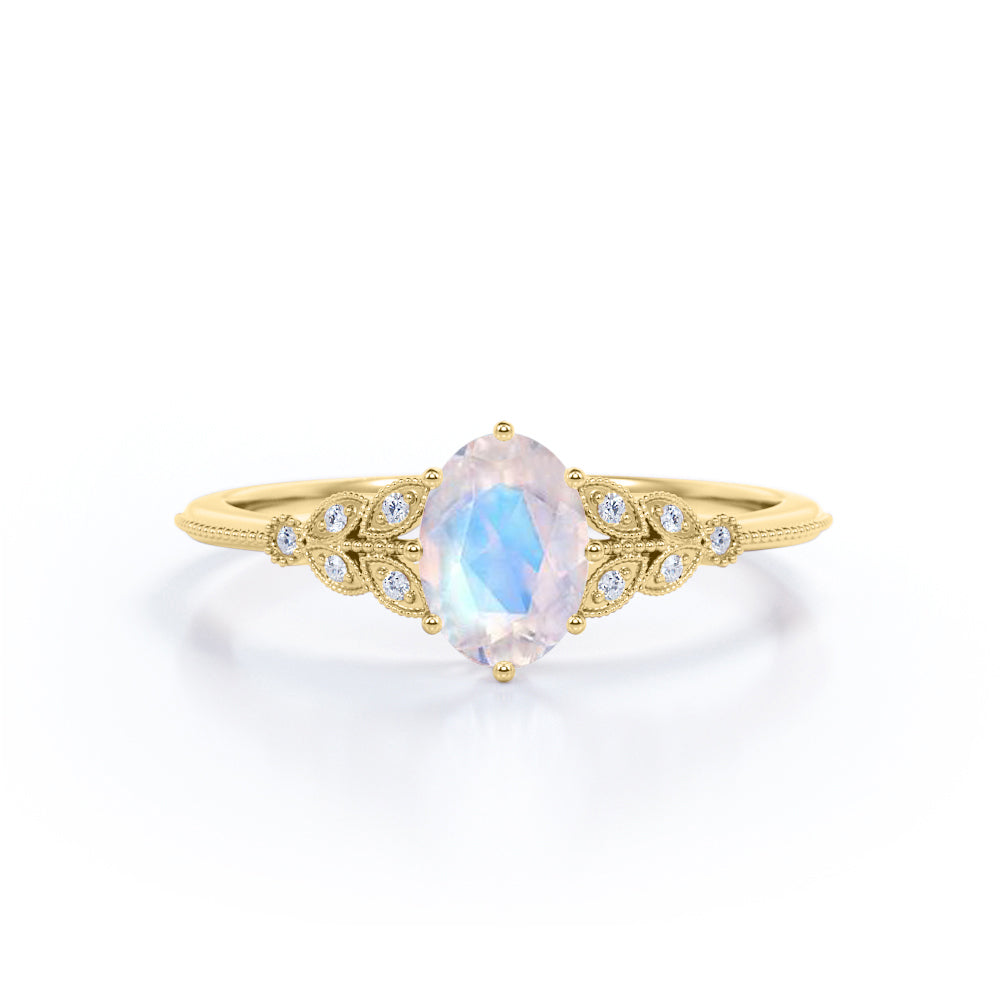 Vintage Leaf 0.85 ct Oval Moonstone Engagement Ring