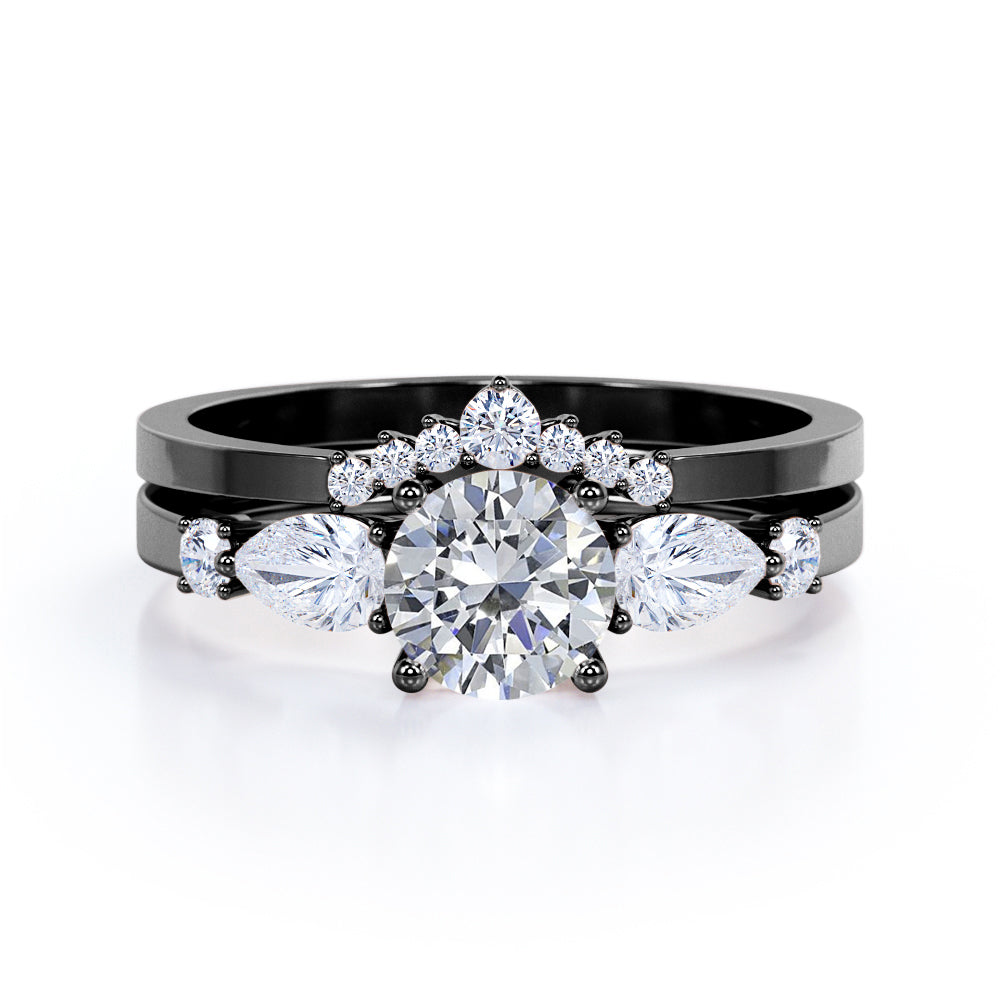 Crown Princess 0.6 carat Round Moissanite and Diamond wedding Ring Set in White Gold