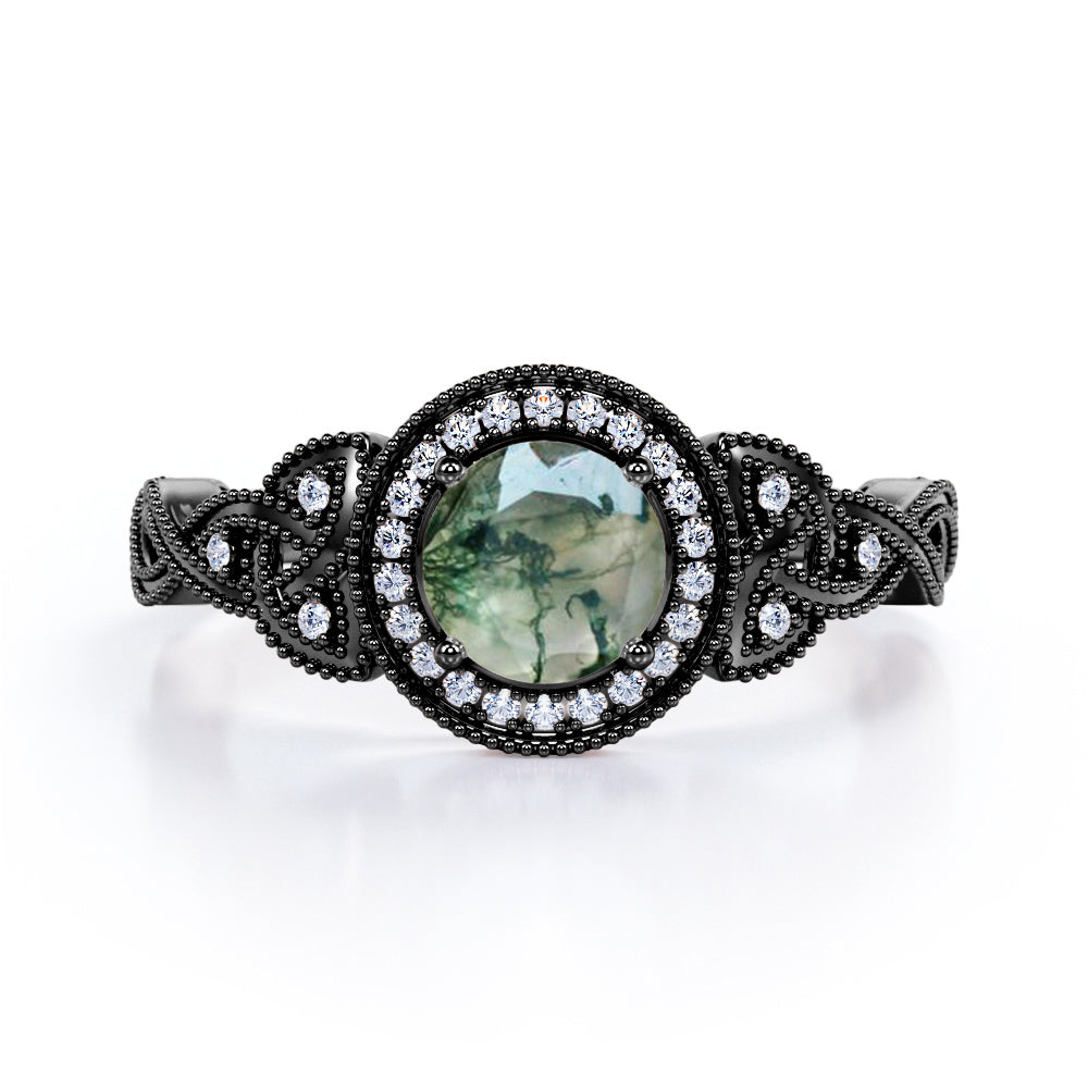 Vintage 1.25 carat Round Moss Agate and Moissanite Milgrain Intertwined Band Engagement ring in White Gold