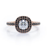 Cushion Double Halo - 1.5 TCW Round Cut Moissanite with Lab Created Black Diamond - Engagement Ring with Pave Accents in White Gold