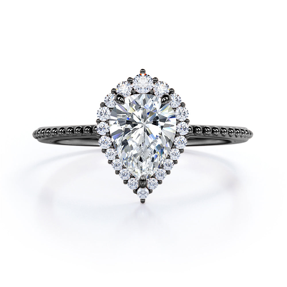 Vintage Halo 0.7 carat Pear Cut Moissanite and Diamond Engagement Ring in Rose Gold