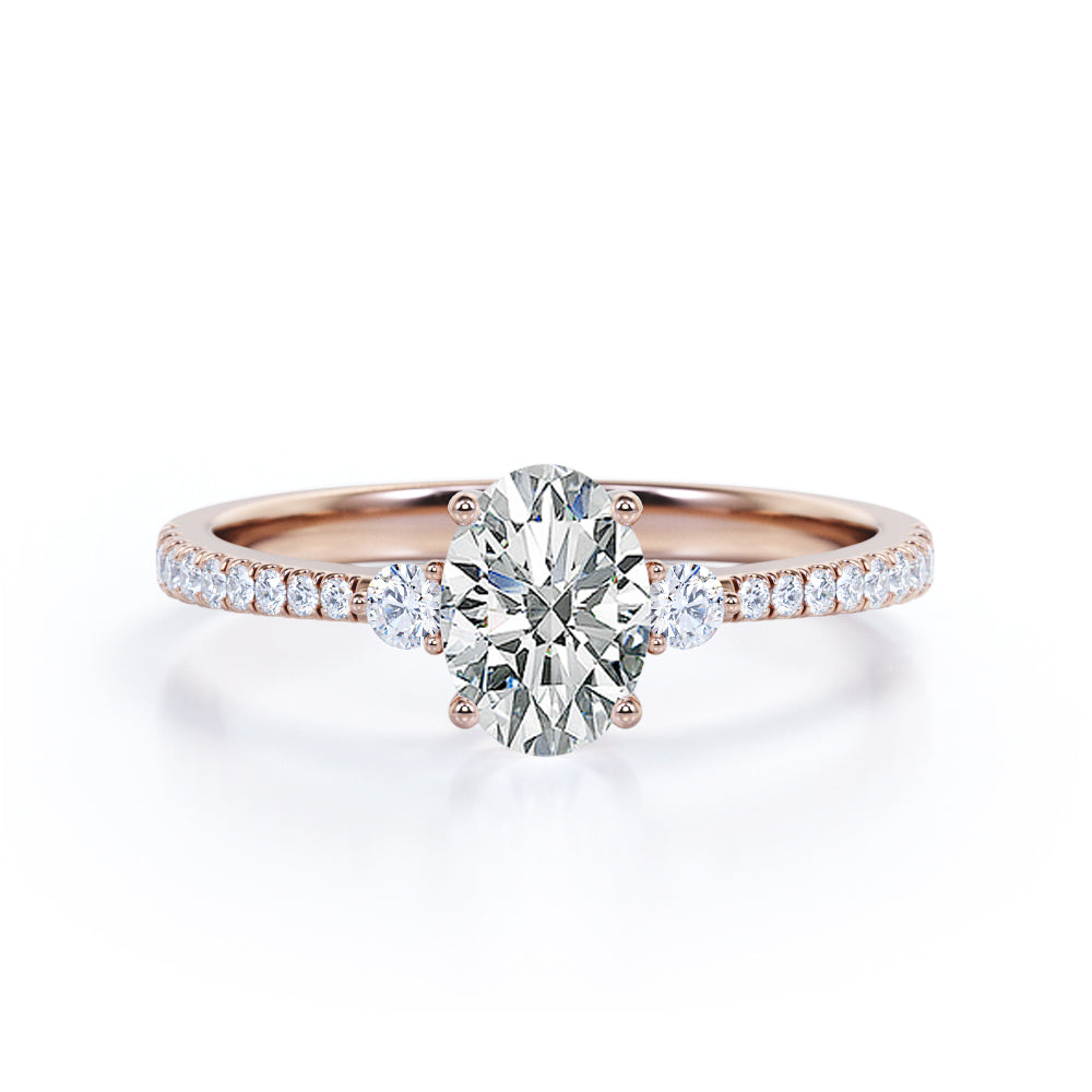 Trilogy Basket Set 0.85 CT TDW Oval Cut Diamond Tapered Shank Pave Engagement Ring for Women