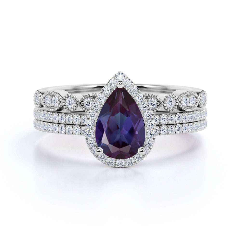 Pave Art Deco 2 Carat Lab Created Alexandrite and Diamond Halo Vintage Trio Bridal Set Rings