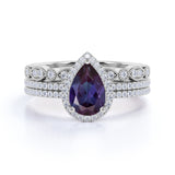 Pave Art Deco 2 Carat Lab Created Alexandrite and Diamond Halo Vintage Trio Bridal Set Rings