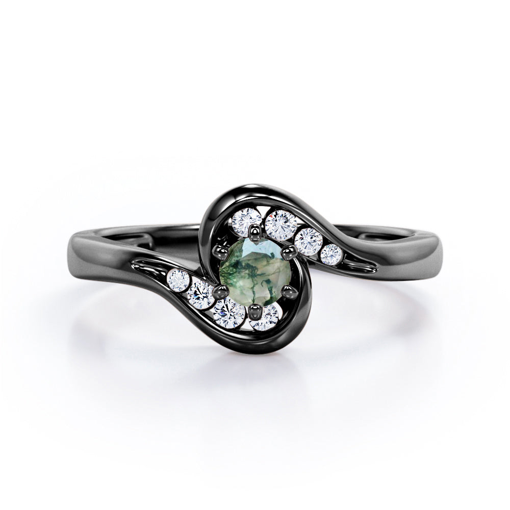 Whirly Gemstone 0.55 carat Round Green Moss Agate and Moissanites Artistic Engagement Ring in White Gold